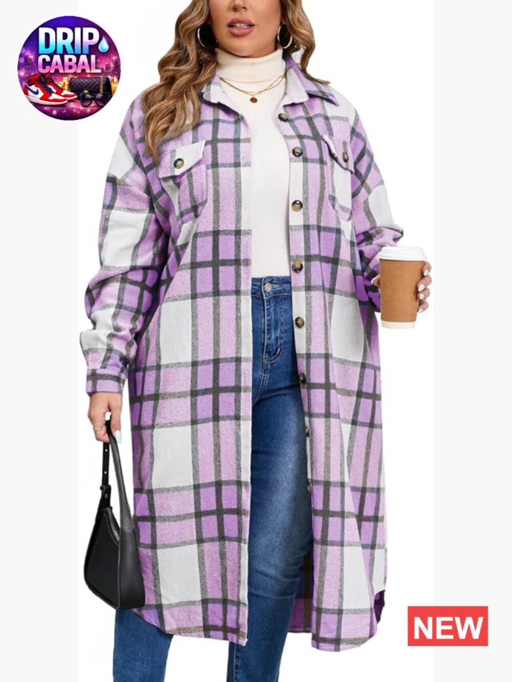 Plus Size Long Flannel Plaid Shacket Jacket Oversized Button Down Coat with